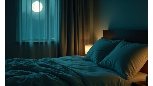 A serene bedroom scene at night, emphasizing quality sleep
