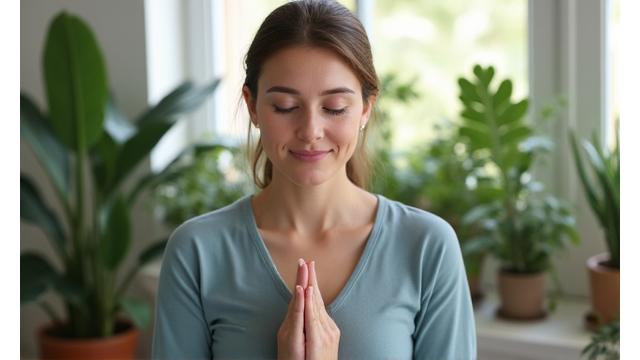 Person meditating in a calm environment, symbolizing stress management and mental wellness