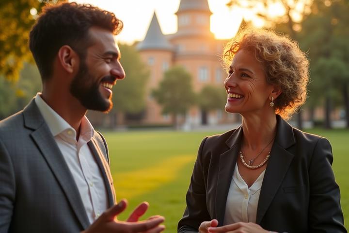 Two Nectar Grove founders, smiling and engaged in a discussion, overlooking a vibrant New Orleans park. One is reaching out with a gesture of empathy.