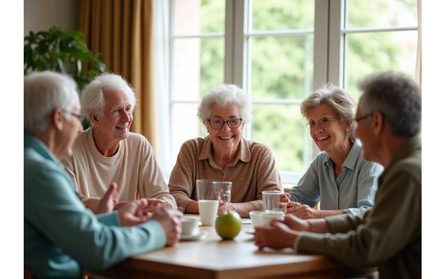 Diverse group of older adults engaged in a thoughtful discussion, smiling