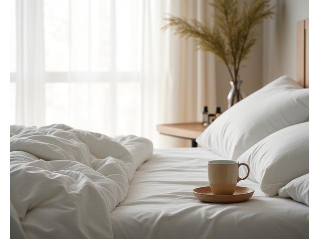 Serene bedroom with soft lighting, weighted blanket, and natural elements, suggesting quality sleep.