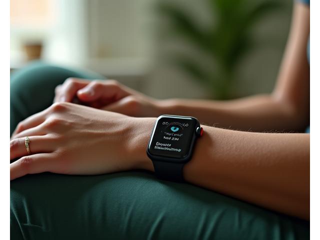 A person calmly looking at a smart watch displaying stress levels and a guided breathing exercise, surrounded by soft light.