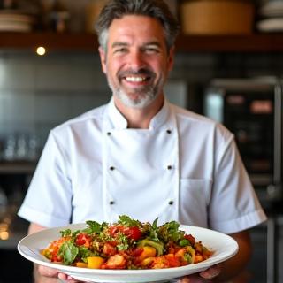 Chef Marc Desjardins, a renowned local New Orleans culinary wellness expert, presenting healthy food.