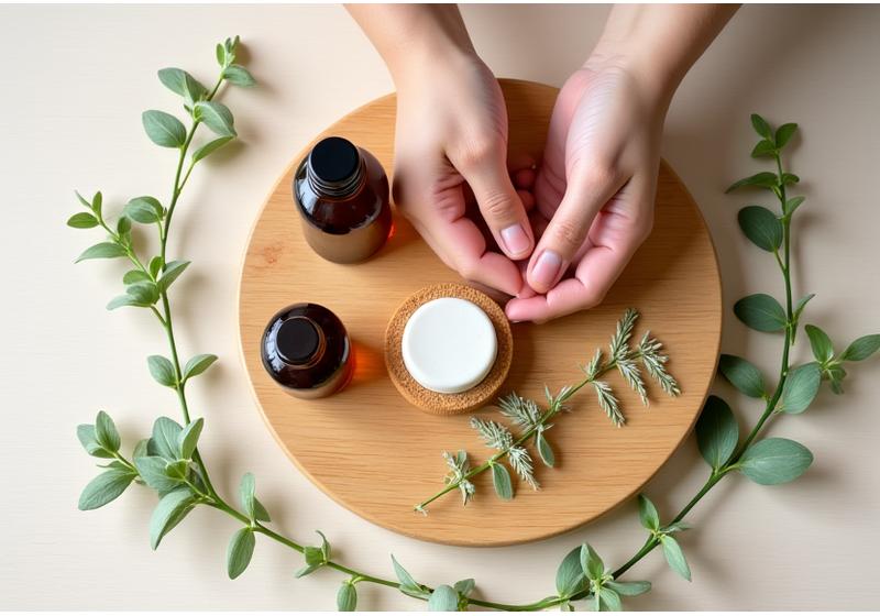 Hands arranging ethically sourced, natural skincare products on a wooden surface with green leaves.