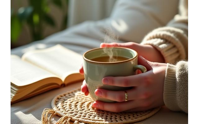 Gentle morning light illuminating a mug of herbal tea next to a journal.