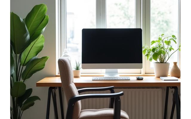 Ergonomic workspace with a plant, natural light, and a comfortable setup.