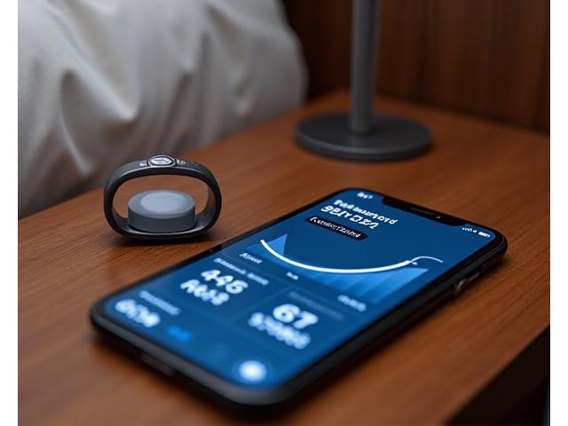 A sleek wearable sleep tracking device on a bedside table next to a smartphone showing sleep data, indicating technology for sleep analysis.
