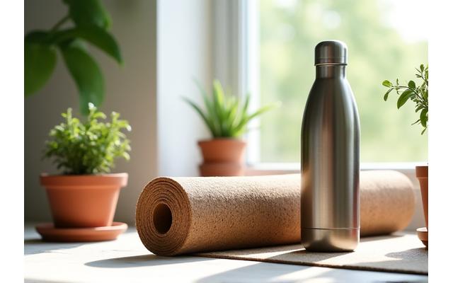 Yoga mat made from natural rubber, next to a reusable water bottle, in a sunlit room.