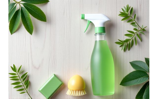Eco-friendly cleaning products on a wooden surface with green plants, emphasizing natural ingredients.