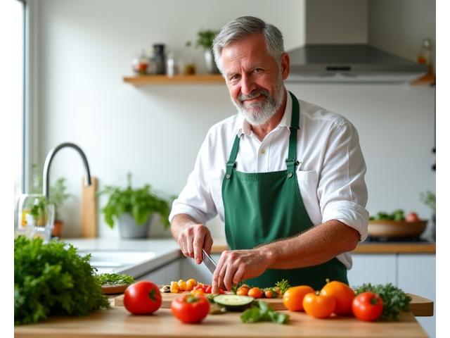A man in his early 50s confidently preparing a healthy meal in a modern kitchen, showcasing a new, vibrant lifestyle.